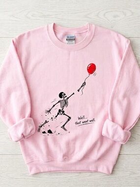 Gildan Pink Crewneck Sweatshirt with Skeleton Chasing Red Balloon Graphic